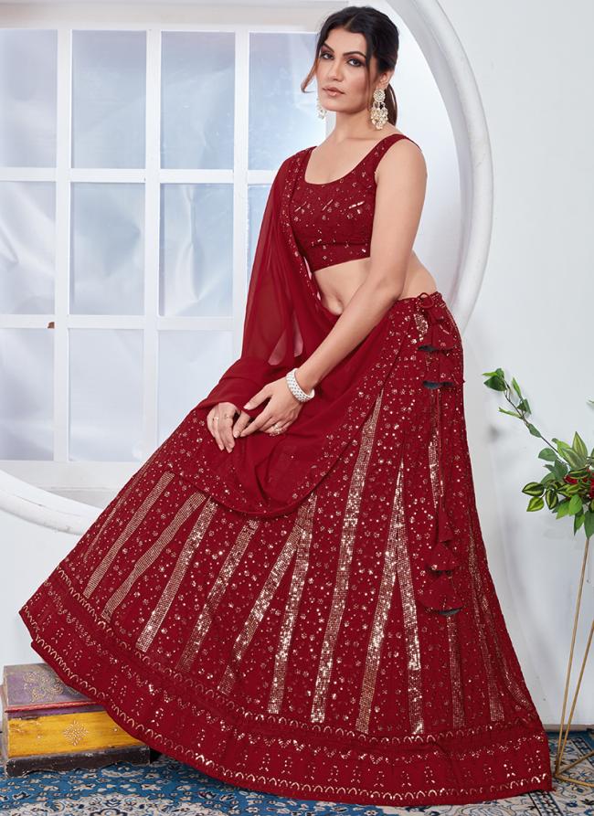 Faux Georgette Red Wedding Wear Embroidery Work Lehenga Choli